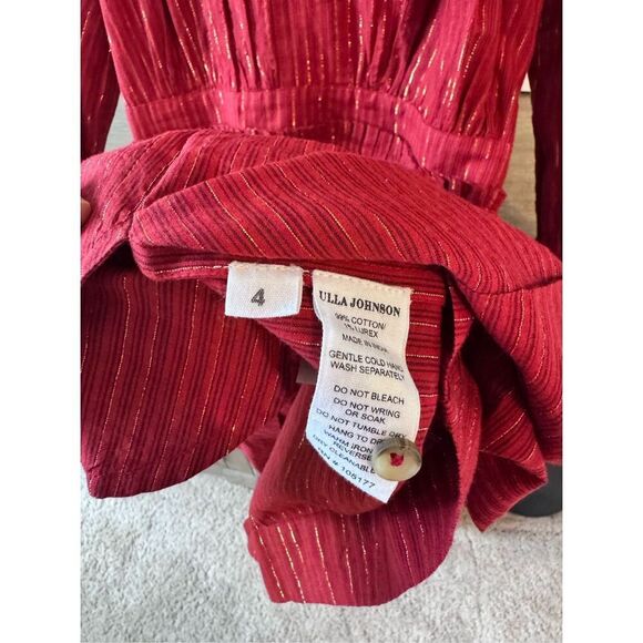 Ulla Johnson Rory Metallic Cotton Long Sleeve Mini Dress Ruby Red Size 4 - Picture 6 of 13